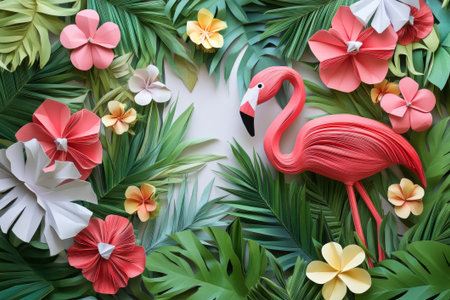 Bright pink origami flamingo stands among colorful tropical flowers, showcasing creativity in a stylish botanical arrangement.の素材