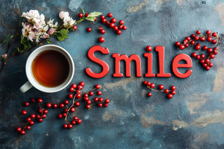 Warm beverage sits beside vibrant red berries arranged to spell Smile, paired with fresh spring flowers, creating a cheerful ambiance.の素材