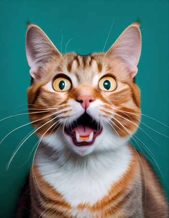 A tabby cat with expressive eyes caught mid-meow against a striking blue background.の素材