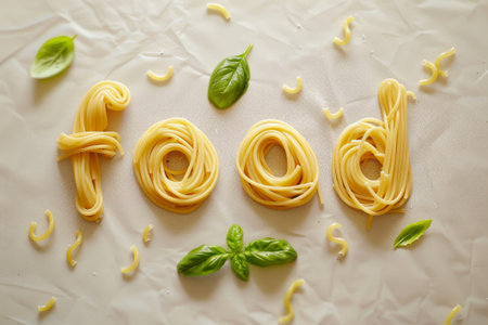 Uncooked spaghetti noodles whimsically arranged to spell Food, with a sprinkle of flour adding a chefs touch.の素材