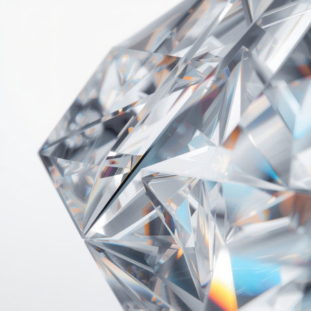 A macro view captures light refracting through a clear crystal, creating beautiful colors and sharp, detailed shapes. This scene highlights the interplay between light and transparency.の素材