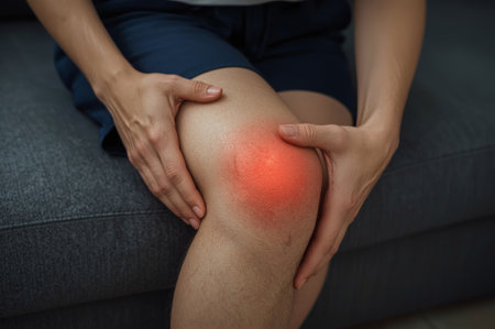 A person is sitting on a couch, holding their swollen knee with both hands. There is a red glow indicating pain, suggesting discomfort in the knee area.の素材