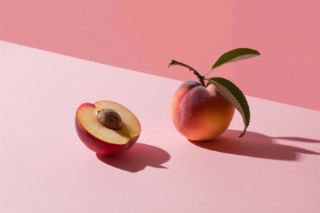 A whole peach and a sliced peach are placed on a pink surface, showcasing their juicy flesh and textures. Soft shadows enhance the visual appeal of this vibrant arrangement.の素材