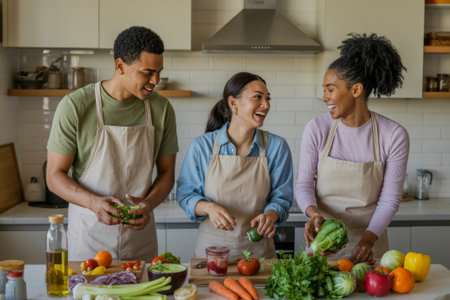 Three friends gather in a modern kitchen, smiling and chopping fresh vegetables together. They are excitedly preparing healthy meal options, promoting a joyful cooking experience.の素材