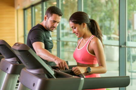 In a bright fitness center, a male personal trainer helps a female client adjust the settings on a treadmill. Both focus intently on optimizing her workout experience.の素材