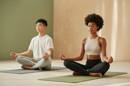 In a serene studio, a young Asian man and a Black woman sit cross-legged on mats, practicing meditation. Both focus on their breath, surrounded by minimalist decor and soft lighting.の素材