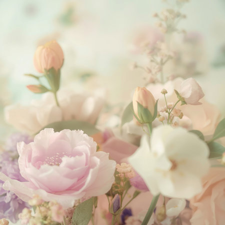 A gentle arrangement of soft pastel flowers creates a serene and calming setting. The blurred focus highlights the delicate beauty and variety of the blossoms, enhancing the tranquil mood.の素材