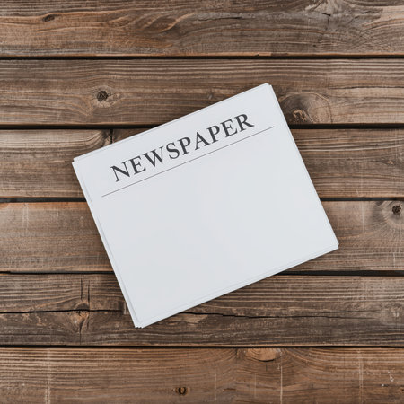 A folded newspaper lies on a rustic wooden surface, showcasing its simple design. The warm tones of the wood create a peaceful atmosphere, perfect for reading and relaxation.の素材