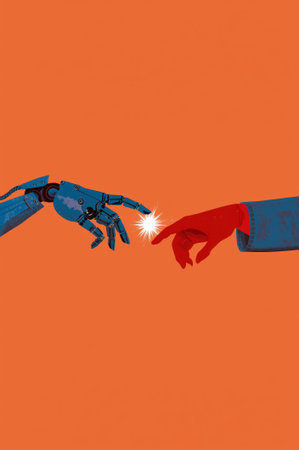 A robotic hand reaches to touch a human hand. Bright orange background emphasizes the connection between technology and humanity. The hands represent creativity and innovation.の素材
