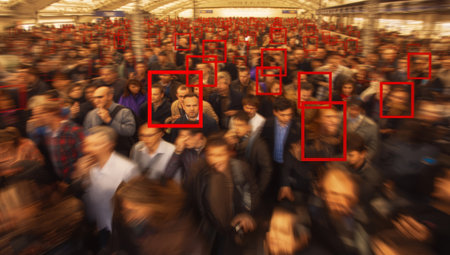 People are gathered in a busy indoor space with blurred figures showing the hustle and bustle of daily life. The scene captures the lively atmosphere and movement of the crowd.の素材