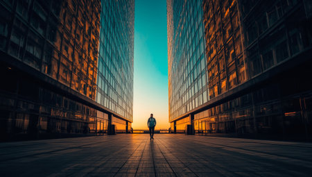 A solitary figure walks along the paved ground between two tall glass buildings. The sunset casts a warm glow, illuminating the surroundings, creating a striking urban scene.の素材