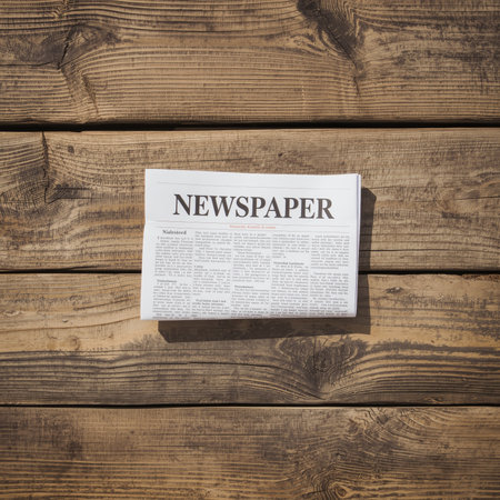 A folded newspaper lies on a rustic wooden table, inviting morning readers to catch up on recent events. Its crisp pages highlight local and global news, ready for exploration.の素材