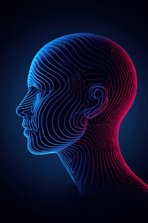This digital art piece showcases a side profile of a human figure. The design features intricate blue and red line patterns against a dark background, creating a striking visual effect.の素材
