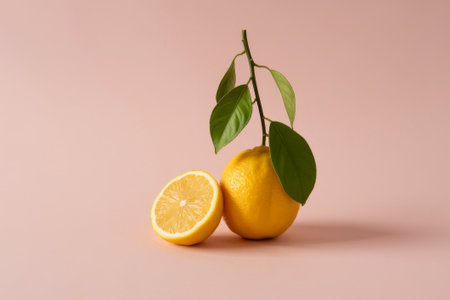A vibrant lemon rests next to a freshly sliced half, both set against a soft pink background. The green leaves add a touch of freshness to the scene.の素材