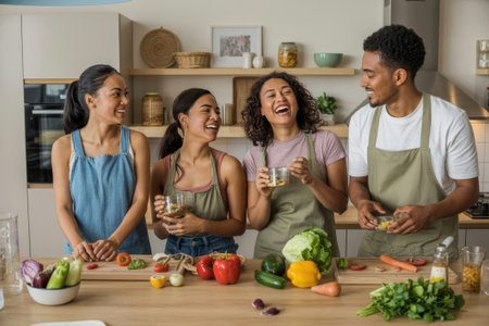 Four friends of mixed ethnicity are joyfully preparing healthy meals in a modern kitchen. They are smiling and sharing moments as they chop fresh vegetables and mix ingredients.の素材