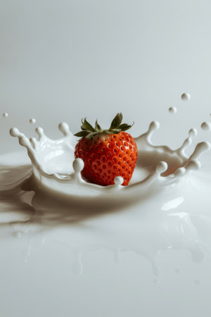 A close-up view captures the moment a strawberry creates ripples in a pool of milk. The setting is calm and minimalistic, emphasizing the contrast between the fruit and the liquid.の素材