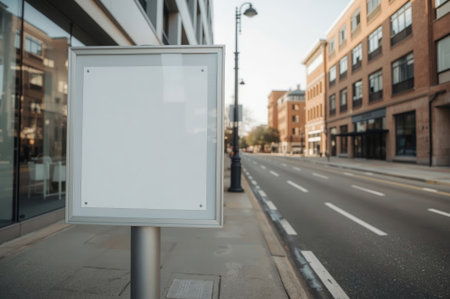 A blank signpost stands on the sidewalk next to a quiet street in a modern urban area. The buildings nearby reflect morning sunlight, creating a serene atmosphere.の素材