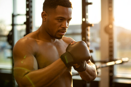 A muscular black man stands in a gym, adjusting his boxing gloves with focus. The warm sunlight streams through the windows, highlighting his determination and dedication to training.の素材