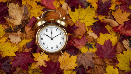 A vintage alarm clock with a gold finish sits atop a colorful bed of autumn leaves. The scene captures a peaceful moment in nature during the fall season, evoking warmth and nostalgia.の素材