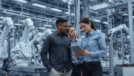 Three professionals discuss a project while observing robotic arms in a contemporary factory. They focus on a tablet, indicating teamwork in advanced manufacturing.の素材