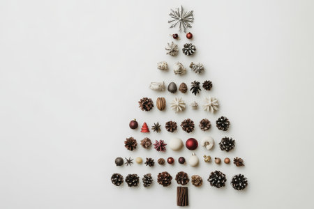 A vibrant arrangement of shimmering ornaments forms a playful Christmas tree shape, radiating holiday cheer against a white backdrop.の素材