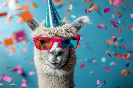 A llama dons party glasses and a sparkly hat amidst a shower of colorful confetti.の素材