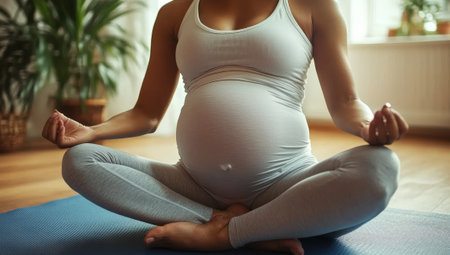 In a cozy living room filled with greenery, a pregnant woman sits in a meditative pose on a blue mat, nurturing her connection with her baby through yoga and mindfulness.の素材