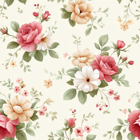 Experience the charm of a seamless vintage floral pattern featuring romantic clusters of roses, peonies, and daisies in soft pastel hues.の素材