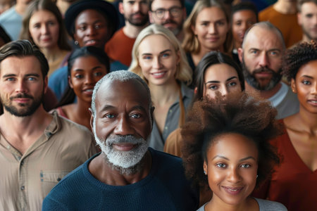 Warm mosaic of joy as a diverse group of people share a happy moment together.の素材