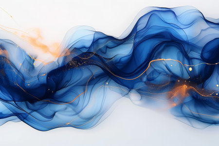 Swoops of deep blue ink coalesce with hints of gold, mimicking an underwater scene frozen in time.の素材