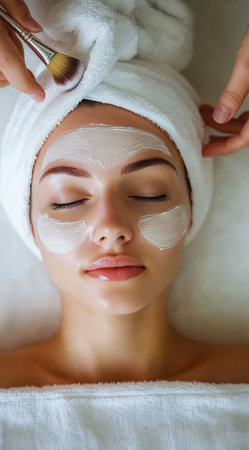 A woman enjoys a soothing facial, her eyes closed in bliss as a gentle cream treatment is applied with care.の素材