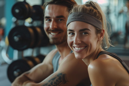 Joyful woman and muscular man beam with success, surrounded by the tools of their fitness journey.の素材