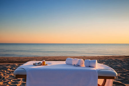 An inviting massage table stands empty on the sandy beach as the sun sets over the tranquil sea, creating a serene and calming atmosphere.の素材