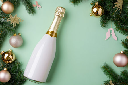 A sleek white champagne bottle is beautifully framed by glimmering ornaments and lush greenery, setting a joyful holiday atmosphere.の素材