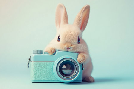 An adorable bunny leans on a retro camera, exuding a playful spirit in a gentle pastel settingの素材