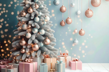The festive Christmas tree sparkles with pastel baubles and twinkling lights, complemented by colorful presents nearby, creating a joyful atmosphere.の素材
