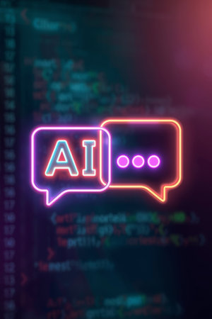 Two vibrant neon speech bubbles glow against a dark digital background filled with code. One bubble features the letters AI, suggesting a conversation about artificial intelligence.の素材