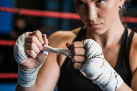 A woman focuses intently as she tightens her hand wraps in a gym setting, preparing for a boxing training session. The atmosphere reflects determination and readiness for the challenge.の素材