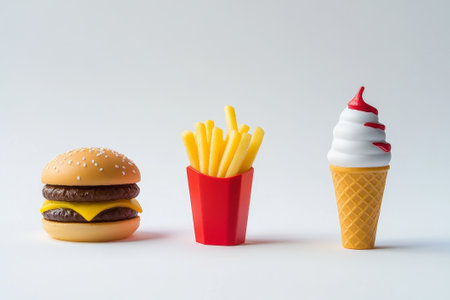 A collection of detailed miniature fast food items, showcasing playful artistry with vibrant colors and clean lines against a white backdrop.の素材