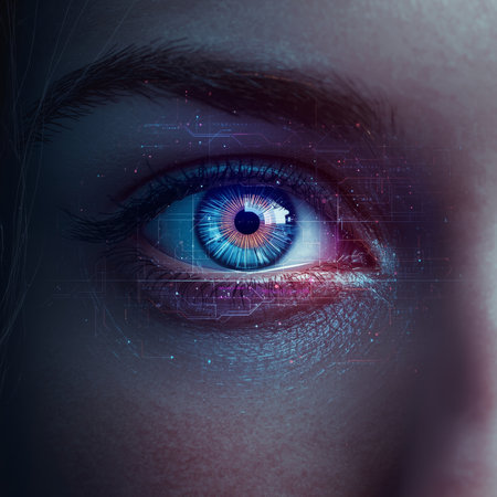 A close-up view of a human eye featuring an intricate digital holographic design. The bright colors and patterns suggest advanced technology, symbolizing enhanced perception and insight.の素材