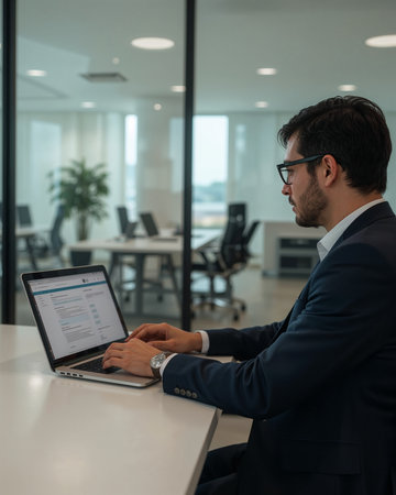 A focused professional sits at a desk using a laptop in a spacious office. Bright light fills the room, complementing the modern decor and minimalist style of the workspace.の素材