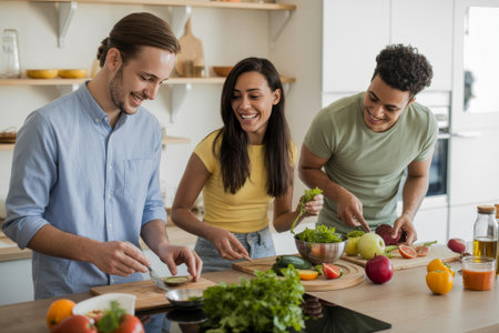 Three friends of mixed ethnicity are joyfully cooking healthy meals in a modern kitchen. They chop vegetables and share laughter while focusing on their dishes.の素材