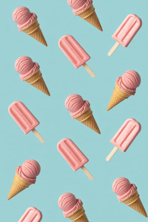 A variety of pink strawberry ice cream cones and popsicles are arranged symmetrically against a bright blue background. The sweet treats are perfect for a refreshing summer day.の素材