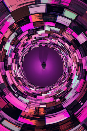 A person stands alone at the center of a swirling vortex filled with vibrant colors and patterns. The surroundings create an immersive experience of digital art and modern creativity.の素材