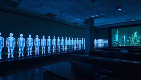 In a sleek office space, holographic figures illuminate the room. The futuristic design showcases a vibrant city skyline, highlighting advanced technology shaping the work environment.の素材