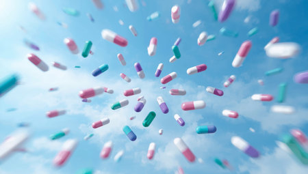 Colorful pharmaceutical capsules scatter dramatically against a bright blue sky. The highcontrast scene emphasizes the vibrant hues and adds depth to the falling capsules' motion.の素材