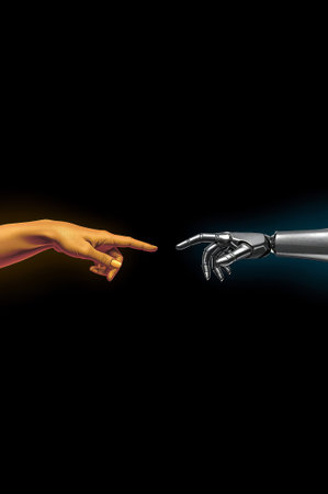 A vibrant digital art scene shows a human hand reaching toward a robotic hand, symbolizing connection and unity.の素材