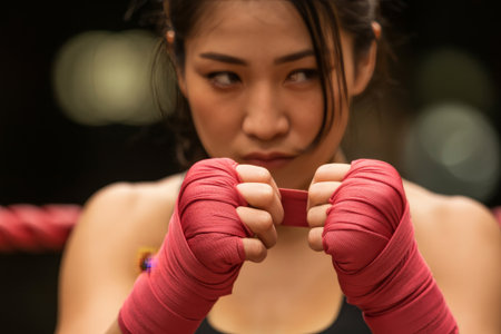 A close-up shot captures a Japanese woman in a boxing setting. She grips her hand wraps tightly, showcasing determination and readiness.の素材