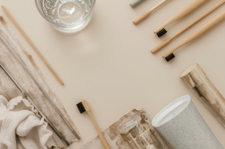 Sustainable dental care products are neatly arranged, featuring bamboo toothbrushes, a glass of water, and a calming neutral backdrop.の素材