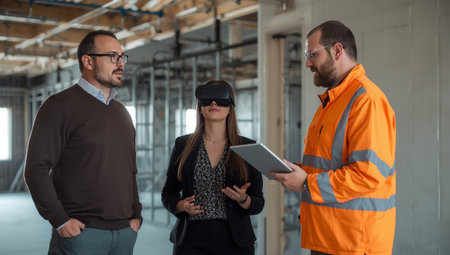 Two professionals engage in a discussion with a construction worker at an indoor site. One person experiences virtual reality while the others share insights about the project and technology.の素材